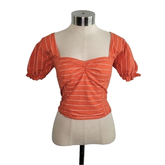 Free People Rose Garden Puff Sleeve Crop Top Womens Size M Orange & White Stripe - Picture 3 of 10